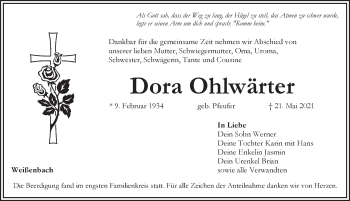 Traueranzeige von Dora Ohlwärter von Pegnitz-Zeitung