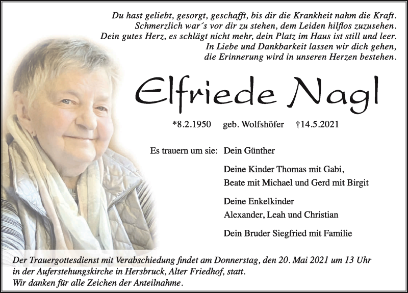  Traueranzeige für Elfriede Nagl vom 19.05.2021 aus Hersbrucker Zeitung