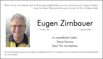 Traueranzeige von Eugen Zirnbauer von Hersbrucker Zeitung