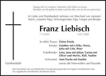 Traueranzeige von Franz Liebisch von Pegnitz-Zeitung