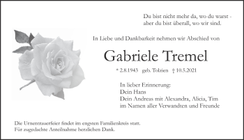Traueranzeige von Gabriele Tremel von Pegnitz-Zeitung