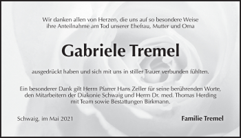 Traueranzeige von Gabriele Tremel von Pegnitz-Zeitung
