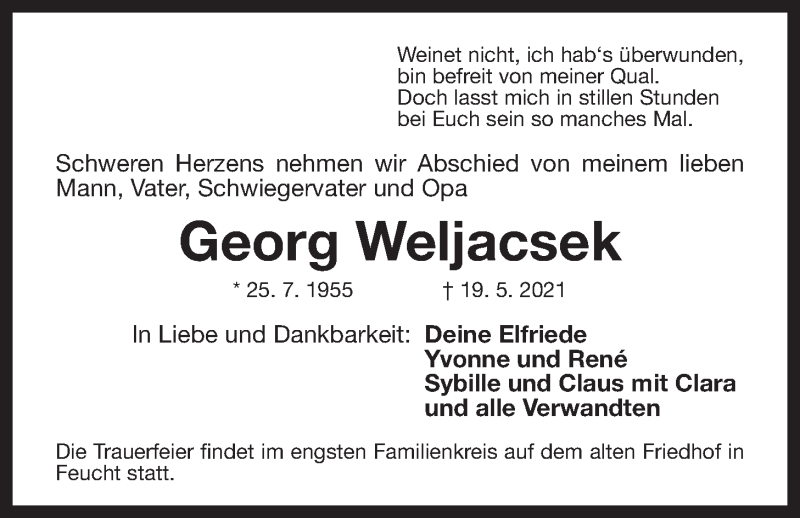  Traueranzeige für Georg Weljacsek vom 22.05.2021 aus Der Bote