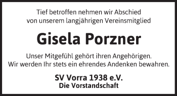 Traueranzeige von Gisela Porzner von Hersbrucker Zeitung