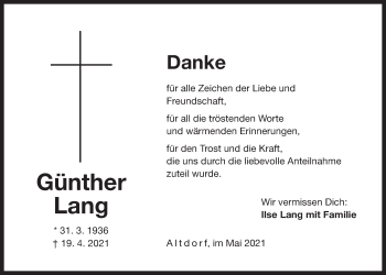 Traueranzeige von Günther Lang von Der Bote