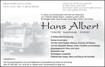 Traueranzeige von Hans Albert von Hersbrucker Zeitung