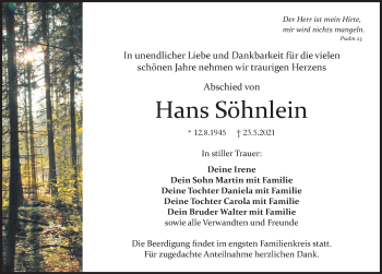 Traueranzeige von Hans Söhnlein von Pegnitz-Zeitung