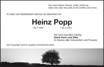 Traueranzeige von Heinz Popp von Pegnitz-Zeitung