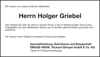 Traueranzeige von Holger Griebel von Pegnitz-Zeitung