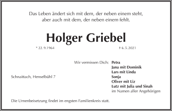 Traueranzeige von Holger Griebel von Pegnitz-Zeitung