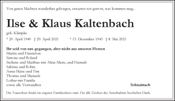 Traueranzeige von Ilse und Klaus Kaltenbach von Hersbrucker Zeitung
