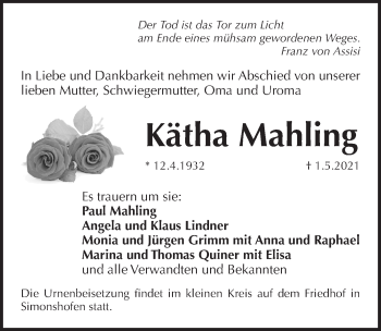 Traueranzeige von Kätha Mahling von Pegnitz-Zeitung