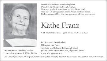 Traueranzeige von Käthe Franz von Hersbrucker Zeitung