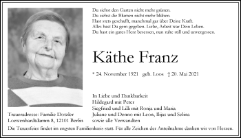 Traueranzeige von Käthe Franz von Pegnitz-Zeitung