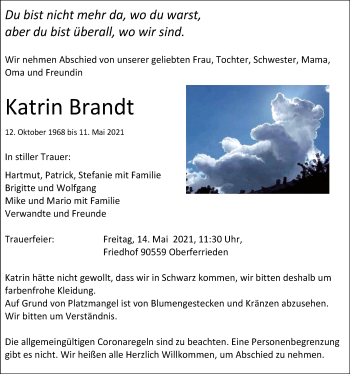 Traueranzeige von Katrin Brandt von Der Bote