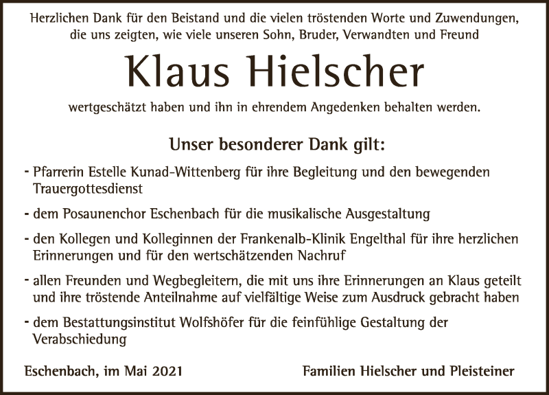  Traueranzeige für Klaus Hielscher vom 22.05.2021 aus Hersbrucker Zeitung