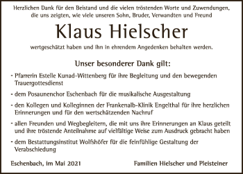 Traueranzeige von Klaus Hielscher von Hersbrucker Zeitung
