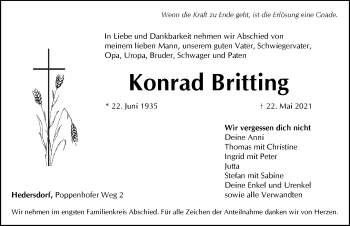 Traueranzeige von Konrad Britting von Pegnitz-Zeitung