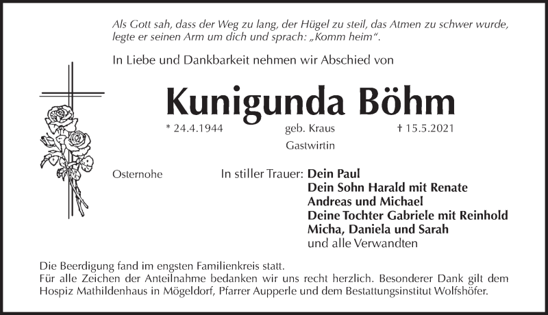  Traueranzeige für Kunigunda Böhm vom 21.05.2021 aus Pegnitz-Zeitung