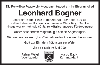 Traueranzeige von Leonhard Bogner von Der Bote