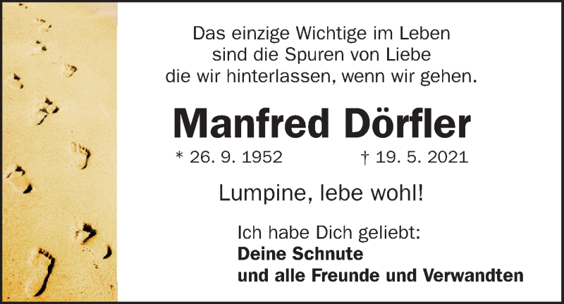  Traueranzeige für Manfred Dörfler vom 22.05.2021 aus Der Bote