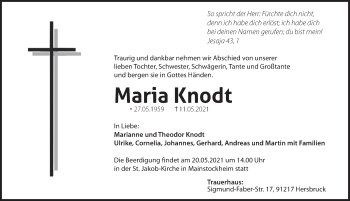 Traueranzeige von Maria Knodt von Hersbrucker Zeitung