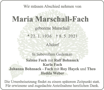 Traueranzeige von Maria Marschall-Fach von Der Bote