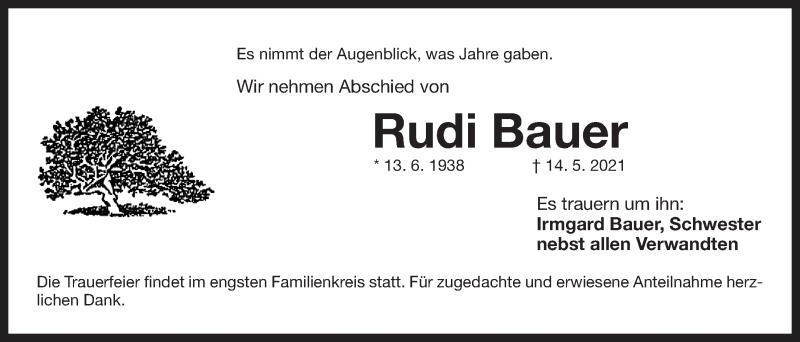  Traueranzeige für Rudi Bauer vom 22.05.2021 aus Der Bote