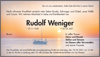 Traueranzeige von Rudolf Weniger von Pegnitz-Zeitung