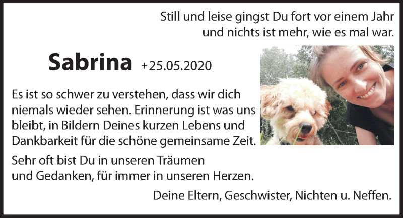  Traueranzeige für Sabrina Loos vom 25.05.2021 aus Hersbrucker Zeitung