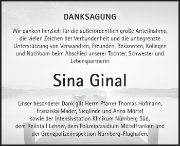 Traueranzeige von Sina Ginal von Pegnitz-Zeitung