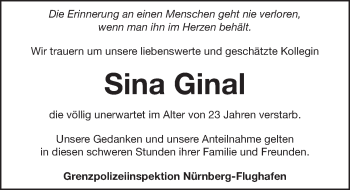 Traueranzeige von Sina Ginal von Pegnitz-Zeitung