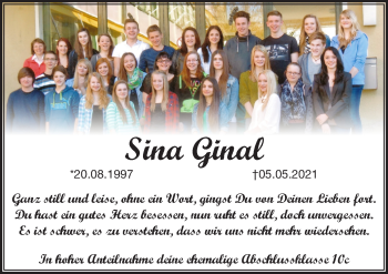 Traueranzeige von Sina Ginal von Pegnitz-Zeitung