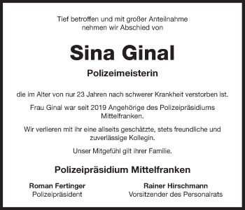Traueranzeige von Sina Ginal von Pegnitz-Zeitung