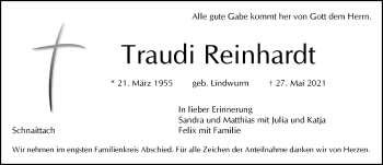 Traueranzeige von Traudi Reinhardt von Pegnitz-Zeitung