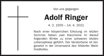 Traueranzeige von Adolf Ringer von Der Bote