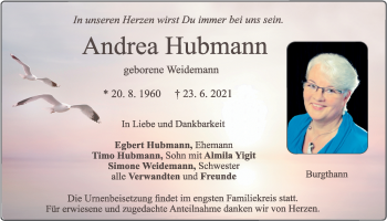 Traueranzeige von Andrea Hubmann von Der Bote