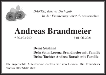 Traueranzeige von Andreas Brandmeier von Pegnitz-Zeitung