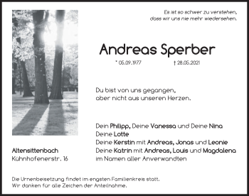 Traueranzeige von Andreas Sperber von Hersbrucker Zeitung
