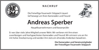 Traueranzeige von Andreas Sperber von Hersbrucker Zeitung