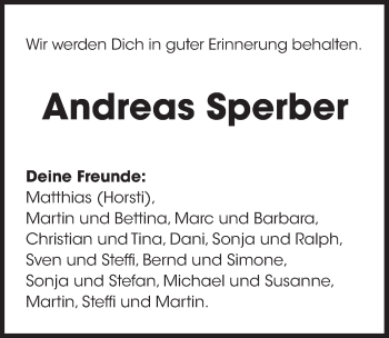 Traueranzeige von Andreas Sperber von Hersbrucker Zeitung