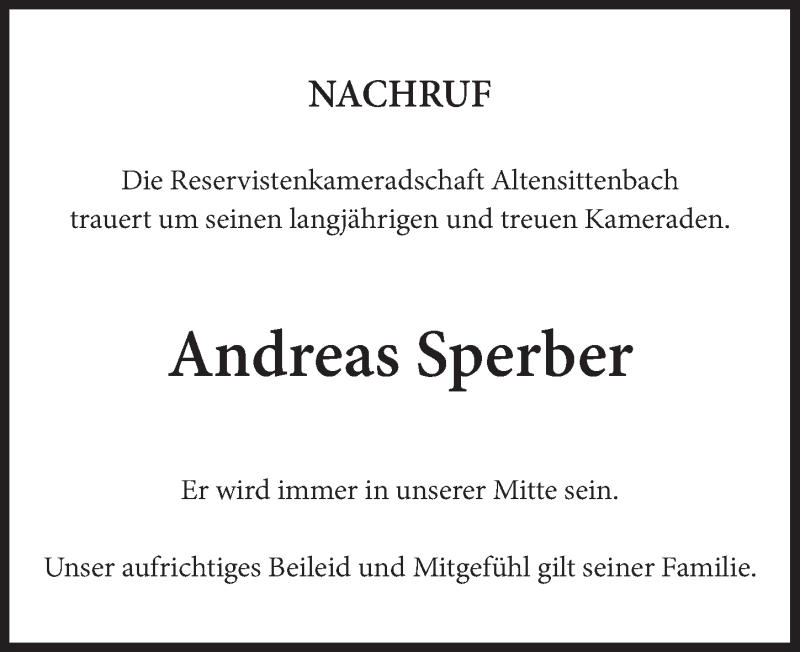  Traueranzeige für Andreas Sperber vom 08.06.2021 aus Hersbrucker Zeitung