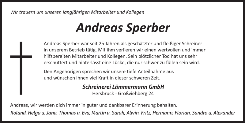  Traueranzeige für Andreas Sperber vom 05.06.2021 aus Hersbrucker Zeitung