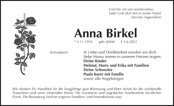 Traueranzeige von Anna Birkel von Pegnitz-Zeitung