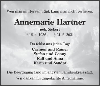 Traueranzeige von Annemarie Hartner von Der Bote