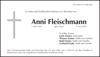 Traueranzeige von Anni Fleischmann von Pegnitz-Zeitung