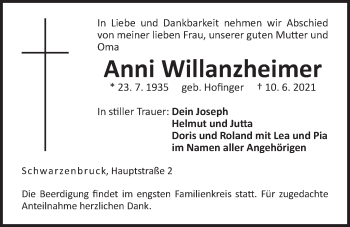 Traueranzeige von Anni Willanzheimer von Der Bote