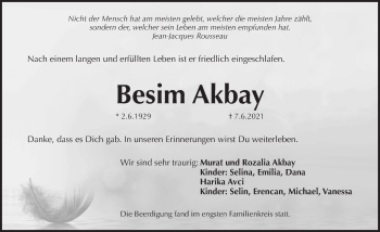 Traueranzeige von Besim Akbay von Pegnitz-Zeitung
