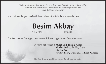 Traueranzeige von Besim Akbay von Der Bote