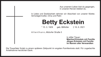 Traueranzeige von Betty Eckstein von Der Bote